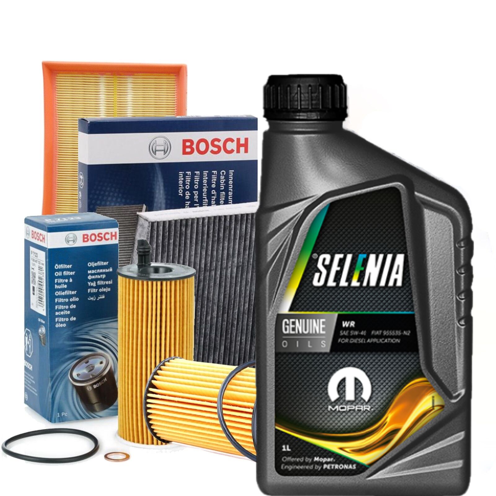 Kit Tagliando Bosch + Olio Motore Selenia WR 5W40 Per Fiat, Lancia