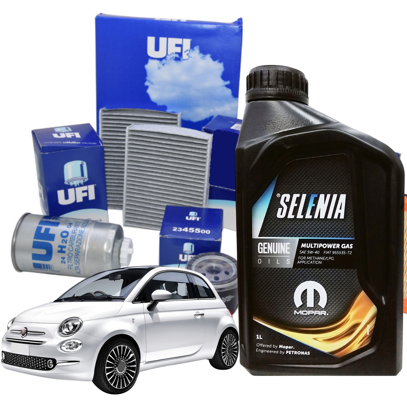 Kit Tagliando Ufi 4 Litri Olio Motore Selenia Multipower Gas 5w40 per Fiat 500
