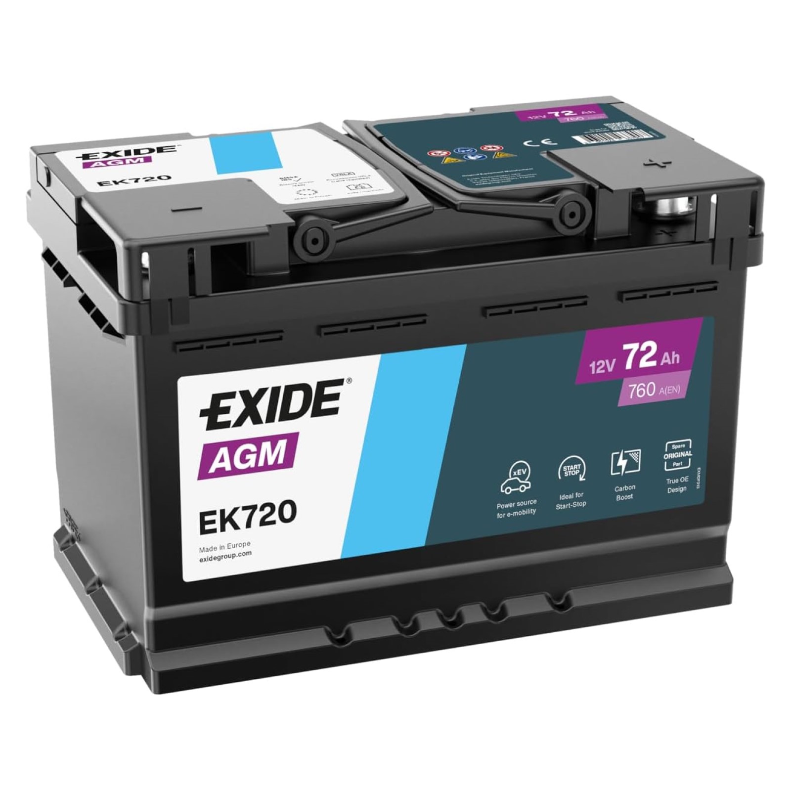 Batteria Auto Exide 72Ah 760A Agm 12v = Fiamm Varta Bosch 72AH AGM